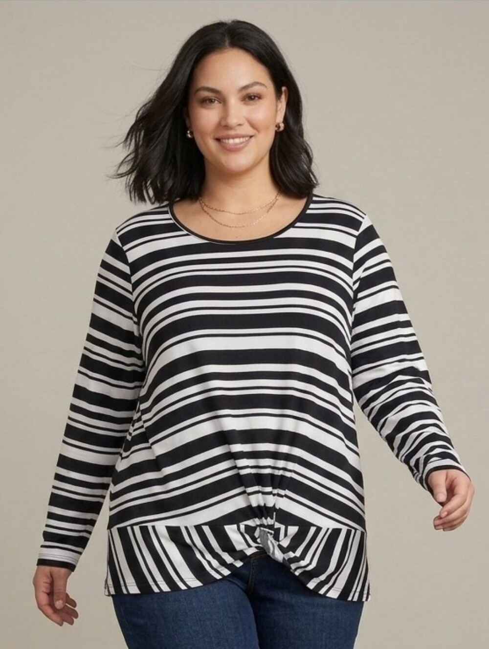 Black & White Striped Knot-Front Long Sleeve Top, Nautical Chic, Plus Size  1X